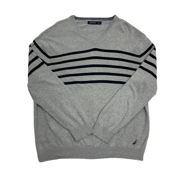 Nautica striped knited Sweater v neck grey blue size L sailor sail long sleeves - Picture 6 of 10